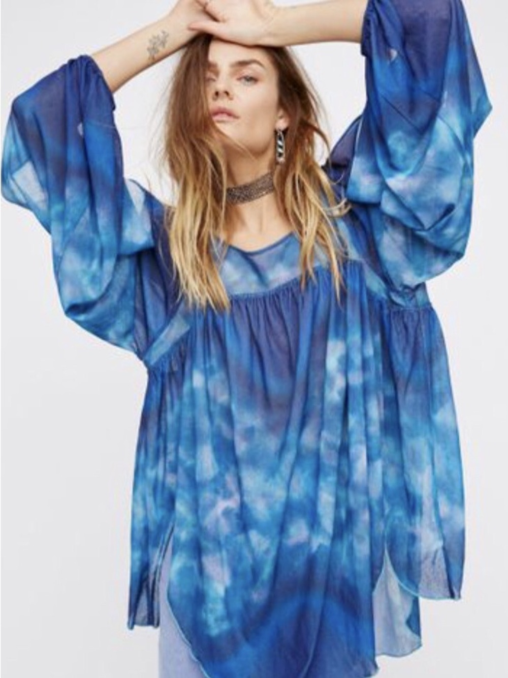 Free People Oversized Blue Tie Dye Mystic Tunic Top Split Sleeves Cold Shoulder